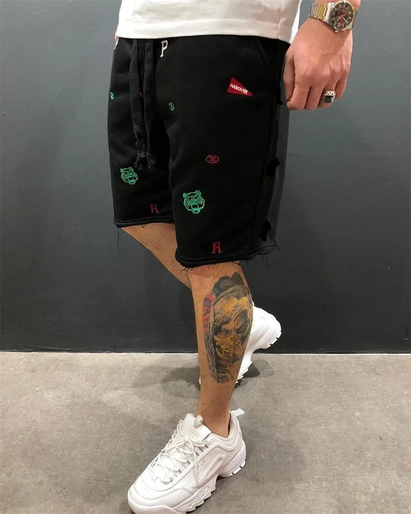 Spring Summer Mens Cotton loose Shorts Streetwear Bodybuilding Embroidered casual Short pants Jogger sports Tiger head Shorts