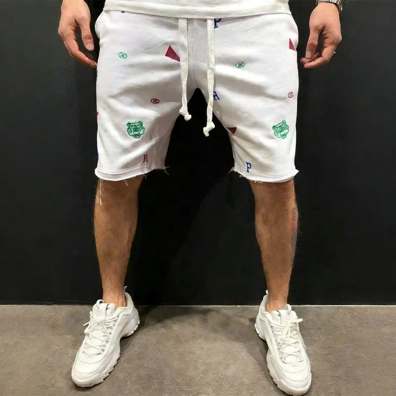 Spring Summer Mens Cotton loose Shorts Streetwear Bodybuilding Embroidered casual Short pants Jogger sports Tiger head Shorts