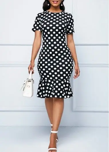 Women Polka Dot Bodycon Dress Short Sleeve Slim Fit Ruffle Hem Knee Length Elegant Casual Office Work Party Pencil Dress Vintage