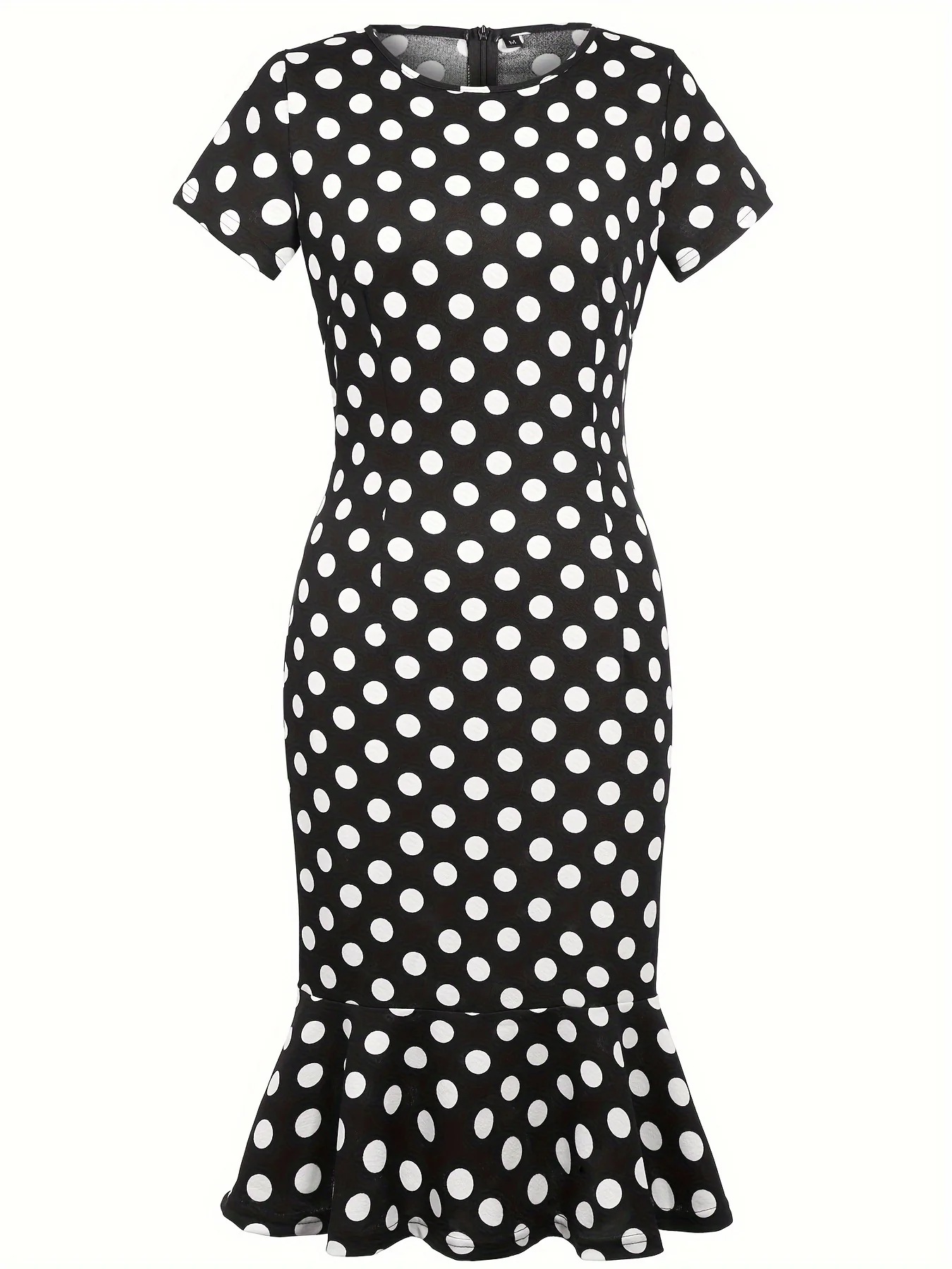 Women Polka Dot Bodycon Dress Short Sleeve Slim Fit Ruffle Hem Knee Length Elegant Casual Office Work Party Pencil Dress Vintage