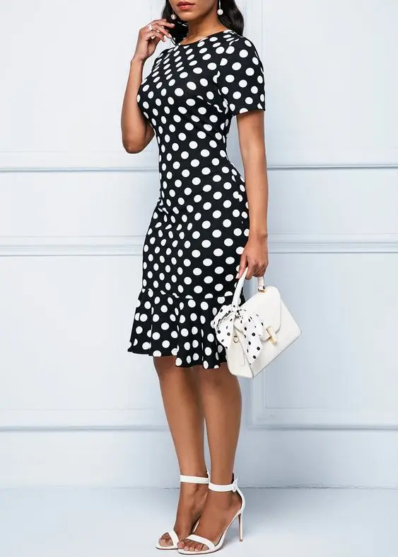 Women Polka Dot Bodycon Dress Short Sleeve Slim Fit Ruffle Hem Knee Length Elegant Casual Office Work Party Pencil Dress Vintage