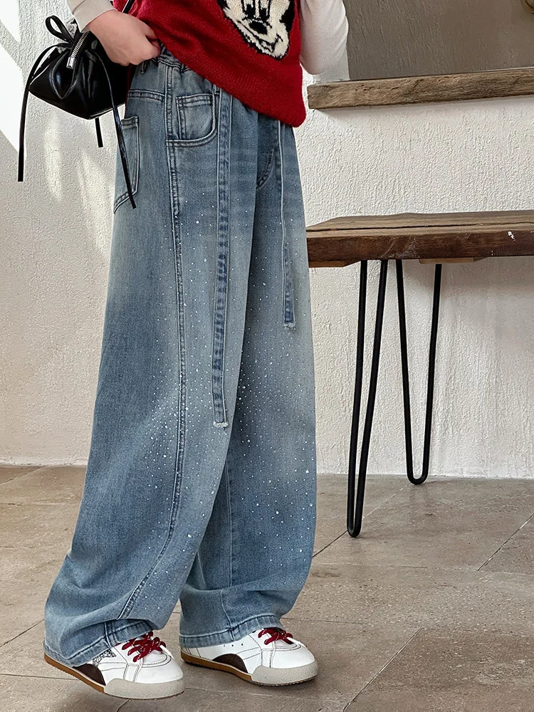 Girls Spring Autumn Denim Jeans Straight Leg Wide Leg Pants Embroidered Rhinestones Children's Faionable Trousers