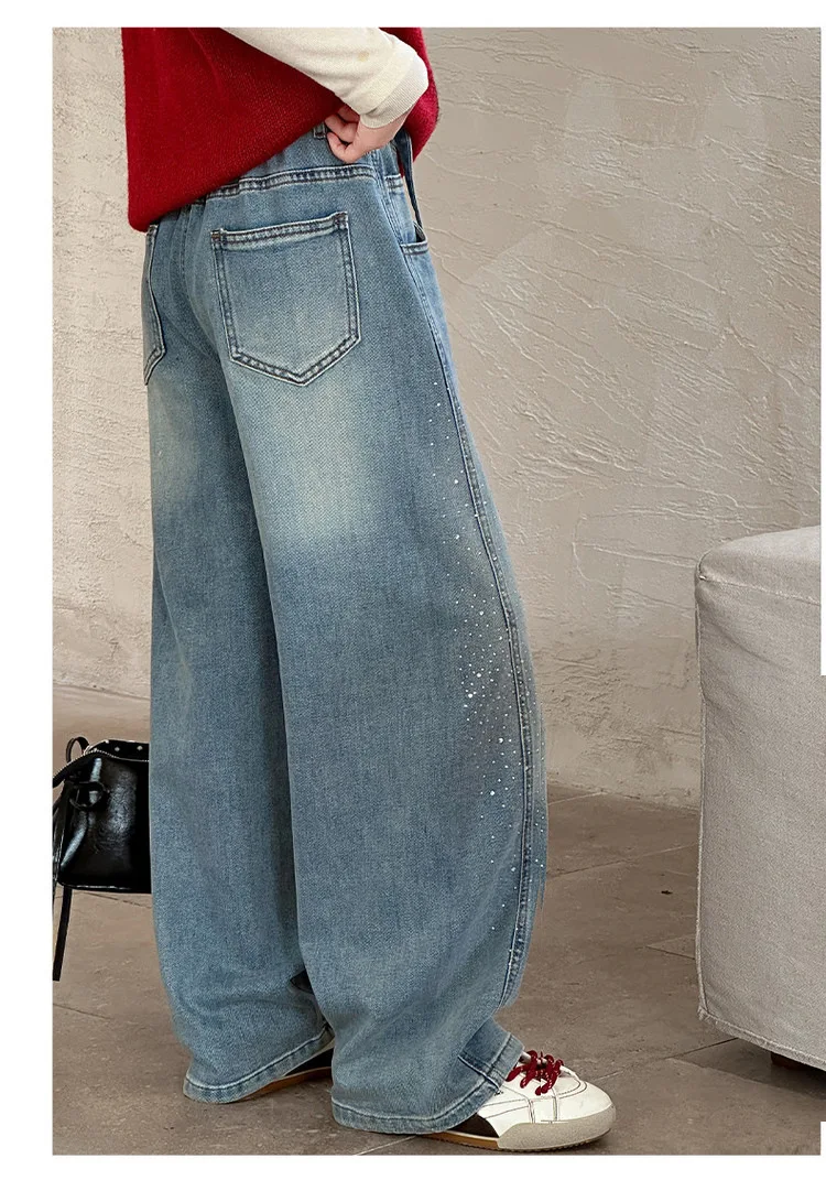 Girls Spring Autumn Denim Jeans Straight Leg Wide Leg Pants Embroidered Rhinestones Children's Faionable Trousers