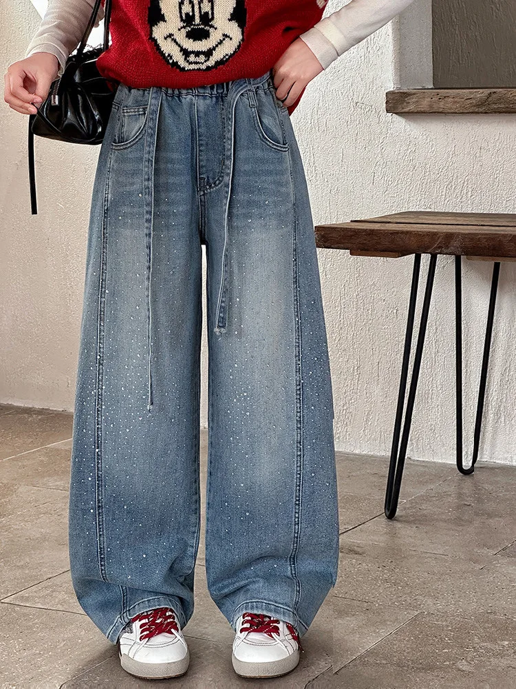 Girls Spring Autumn Denim Jeans Straight Leg Wide Leg Pants Embroidered Rhinestones Children's Faionable Trousers