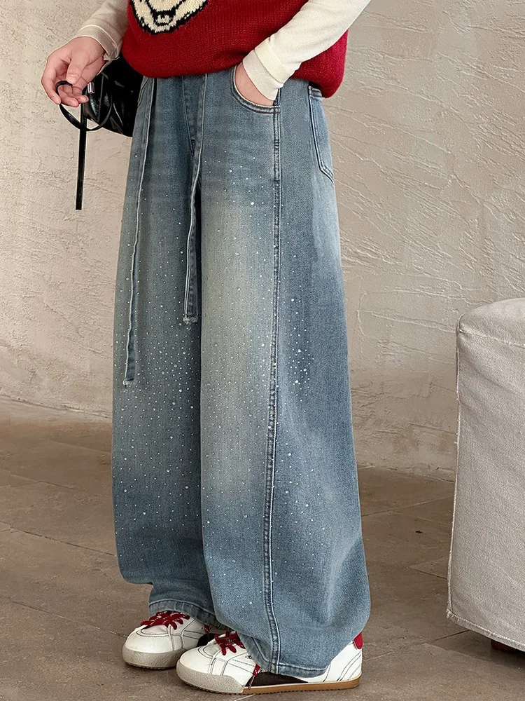 Girls Spring Autumn Denim Jeans Straight Leg Wide Leg Pants Embroidered Rhinestones Children's Faionable Trousers