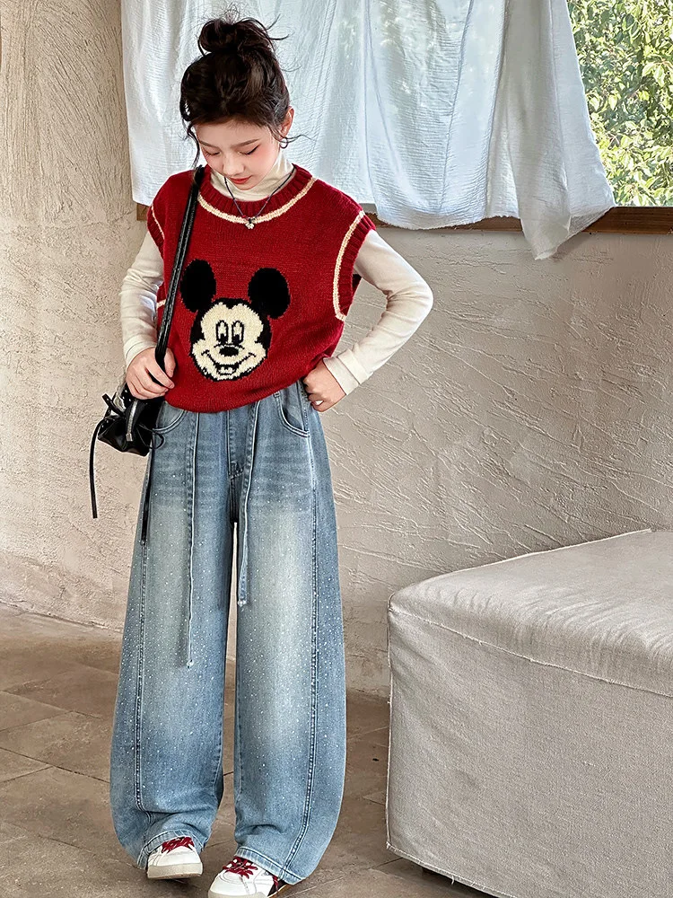 Girls Spring Autumn Denim Jeans Straight Leg Wide Leg Pants Embroidered Rhinestones Children's Faionable Trousers