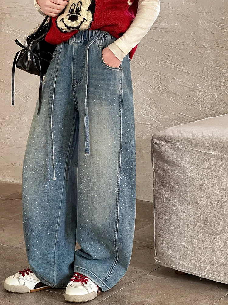 Girls Spring Autumn Denim Jeans Straight Leg Wide Leg Pants Embroidered Rhinestones Children's Faionable Trousers