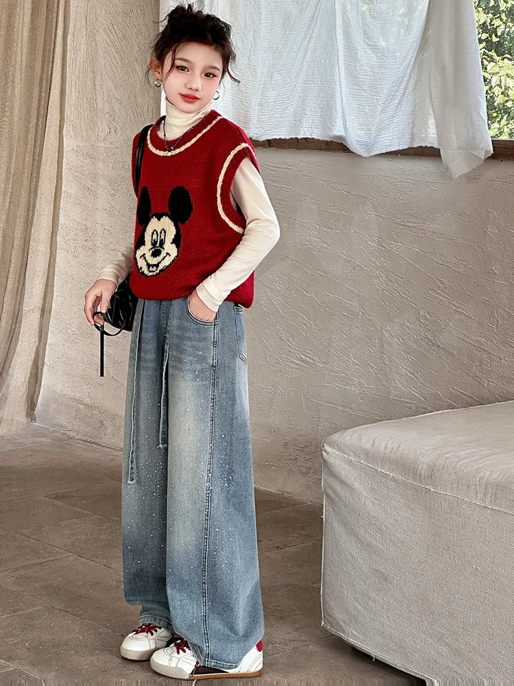 Girls Spring Autumn Denim Jeans Straight Leg Wide Leg Pants Embroidered Rhinestones Children's Faionable Trousers