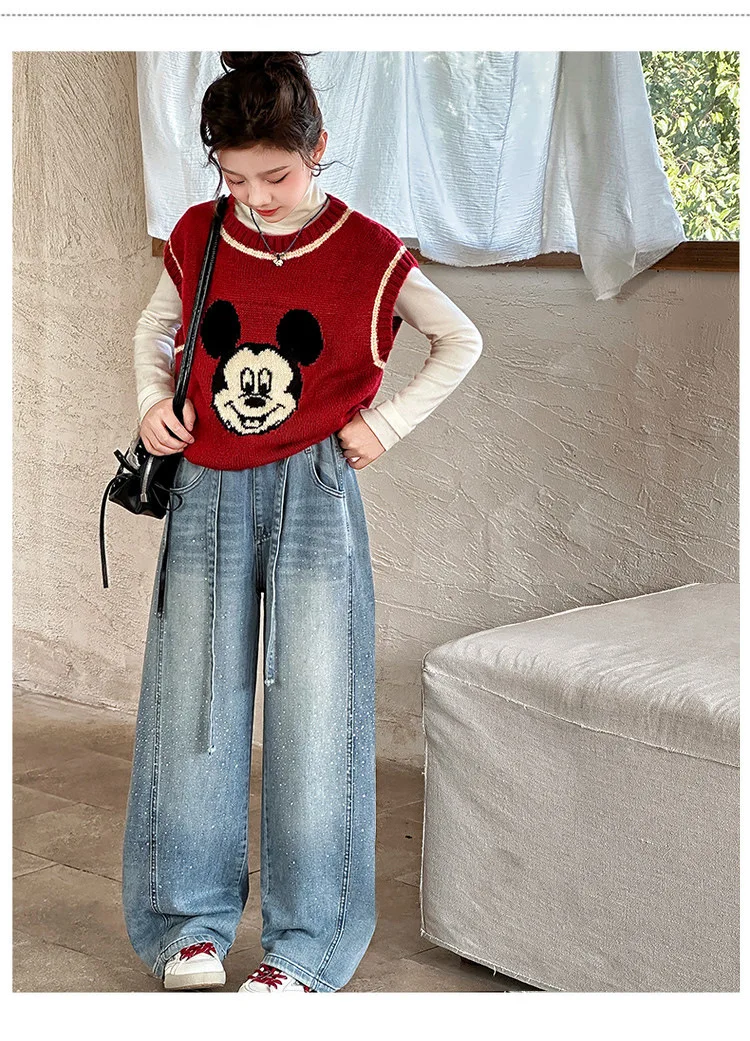 Girls Spring Autumn Denim Jeans Straight Leg Wide Leg Pants Embroidered Rhinestones Children's Faionable Trousers