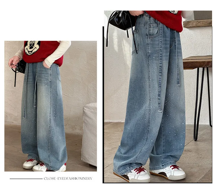 Girls Spring Autumn Denim Jeans Straight Leg Wide Leg Pants Embroidered Rhinestones Children's Faionable Trousers