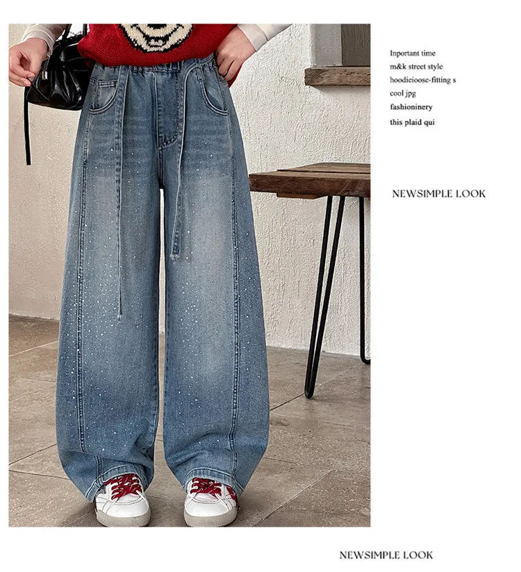Girls Spring Autumn Denim Jeans Straight Leg Wide Leg Pants Embroidered Rhinestones Children's Faionable Trousers