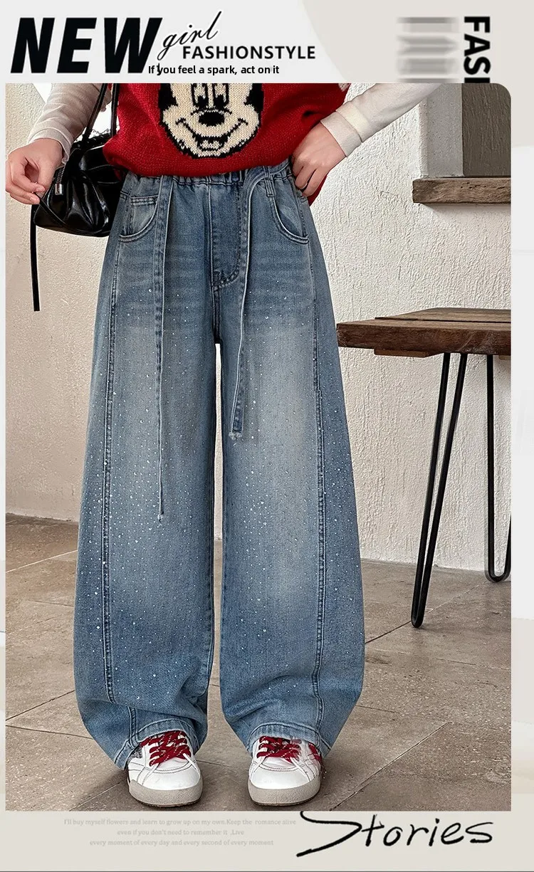 Girls Spring Autumn Denim Jeans Straight Leg Wide Leg Pants Embroidered Rhinestones Children's Faionable Trousers