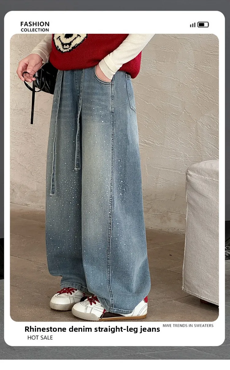 Girls Spring Autumn Denim Jeans Straight Leg Wide Leg Pants Embroidered Rhinestones Children's Faionable Trousers