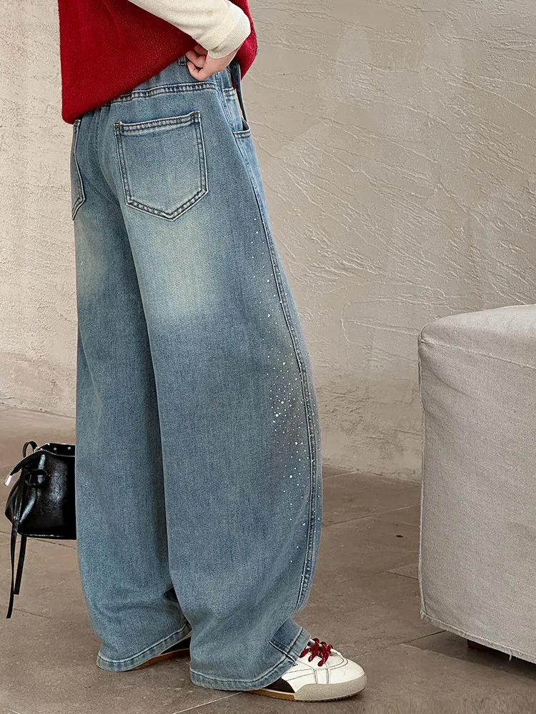 Girls Spring Autumn Denim Jeans Straight Leg Wide Leg Pants Embroidered Rhinestones Children's Faionable Trousers
