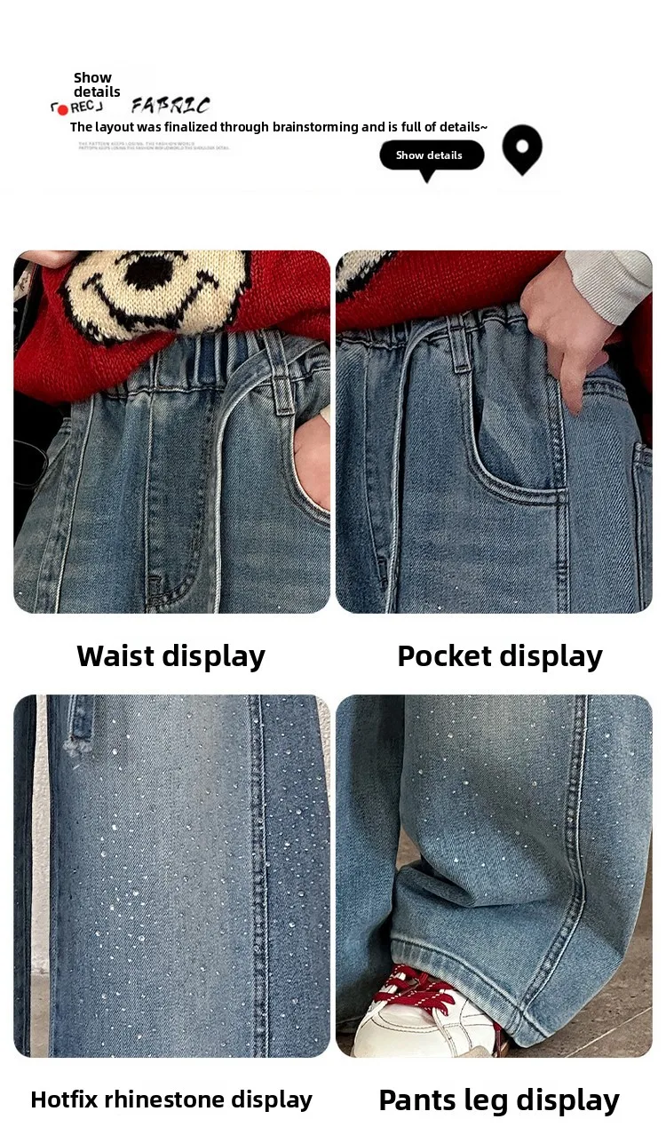 Girls Spring Autumn Denim Jeans Straight Leg Wide Leg Pants Embroidered Rhinestones Children's Faionable Trousers