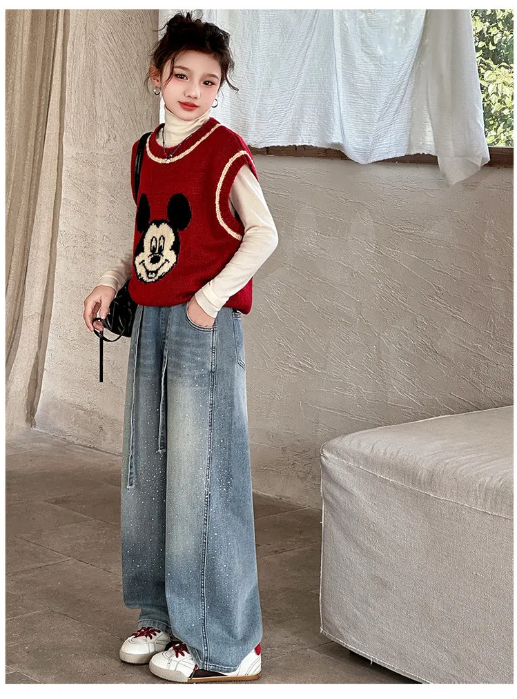 Girls Spring Autumn Denim Jeans Straight Leg Wide Leg Pants Embroidered Rhinestones Children's Faionable Trousers