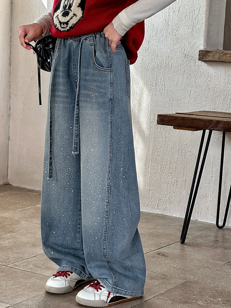 Girls Spring Autumn Denim Jeans Straight Leg Wide Leg Pants Embroidered Rhinestones Children's Faionable Trousers