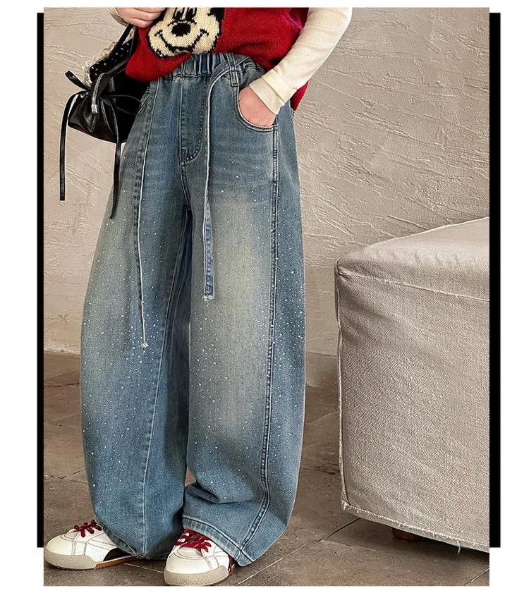 Girls Spring Autumn Denim Jeans Straight Leg Wide Leg Pants Embroidered Rhinestones Children's Faionable Trousers