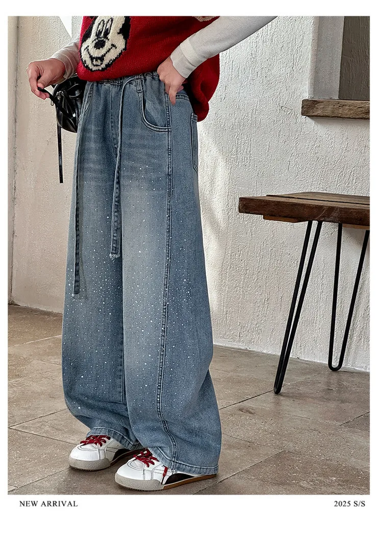 Girls Spring Autumn Denim Jeans Straight Leg Wide Leg Pants Embroidered Rhinestones Children's Faionable Trousers