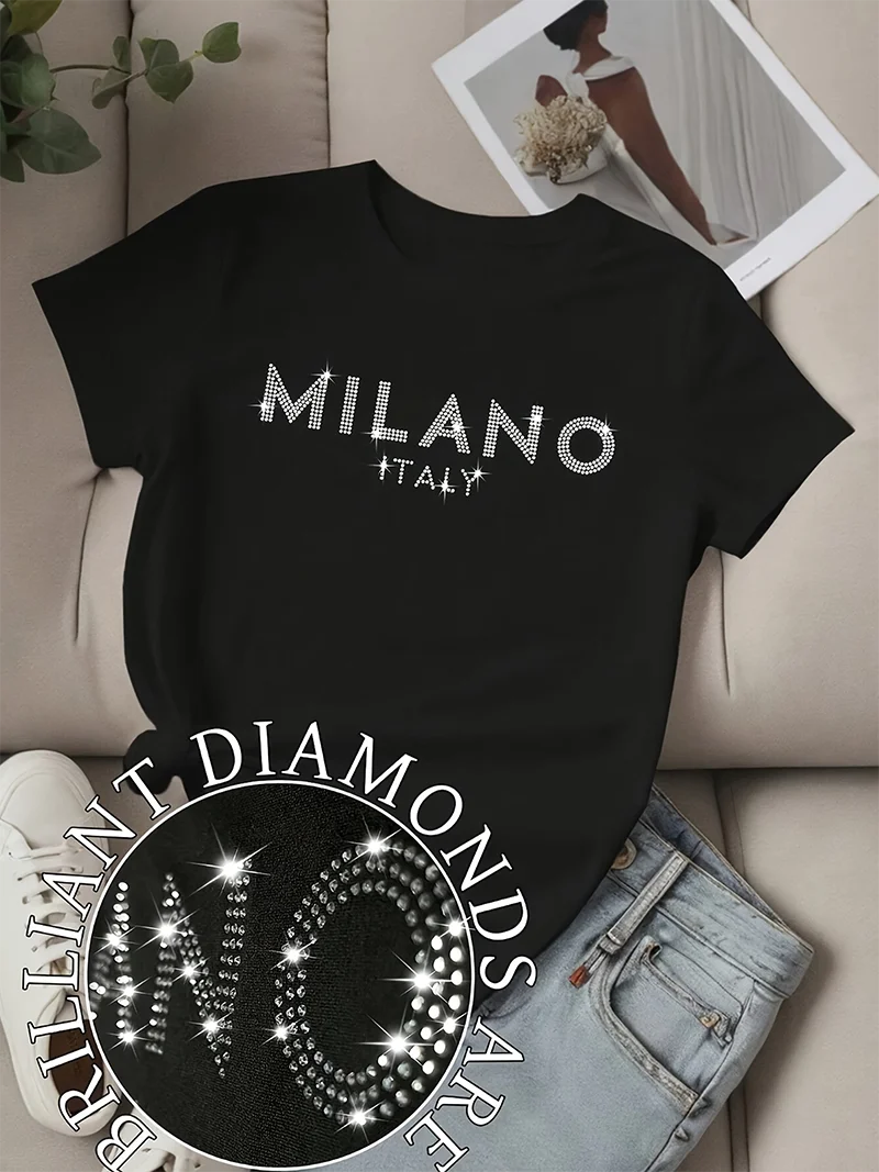 Summer Fashion Sparkling Glitter Rhinestone T-Shirt Short Sleeve Top Shiny Bling Women's Casual Wear
