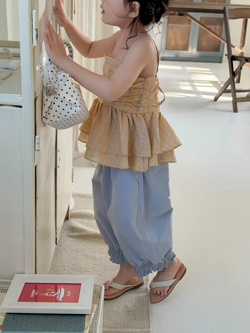 Korean version girls' checkered camisole 2026 summer new style children's western-style backless top baby camisole