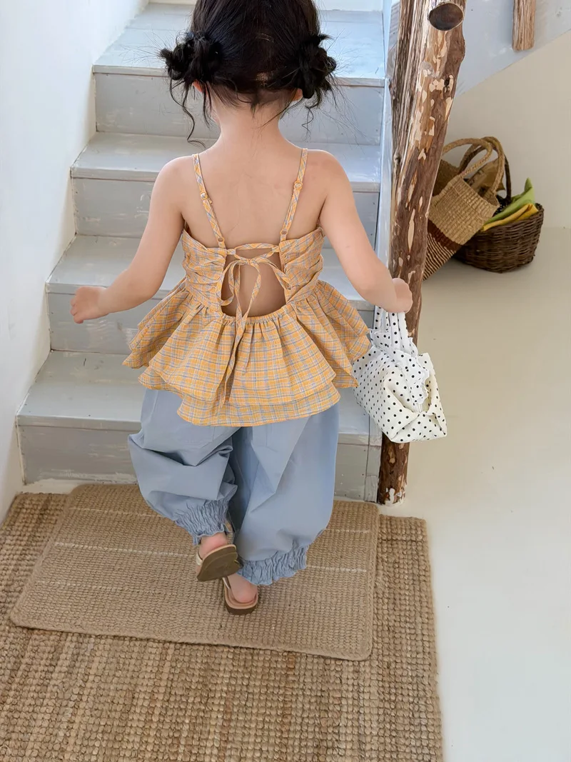 Korean version girls' checkered camisole 2026 summer new style children's western-style backless top baby camisole