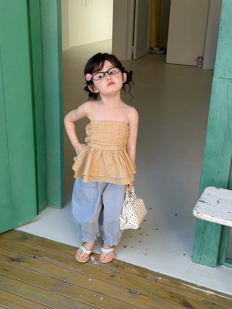 Korean version girls' checkered camisole 2026 summer new style children's western-style backless top baby camisole