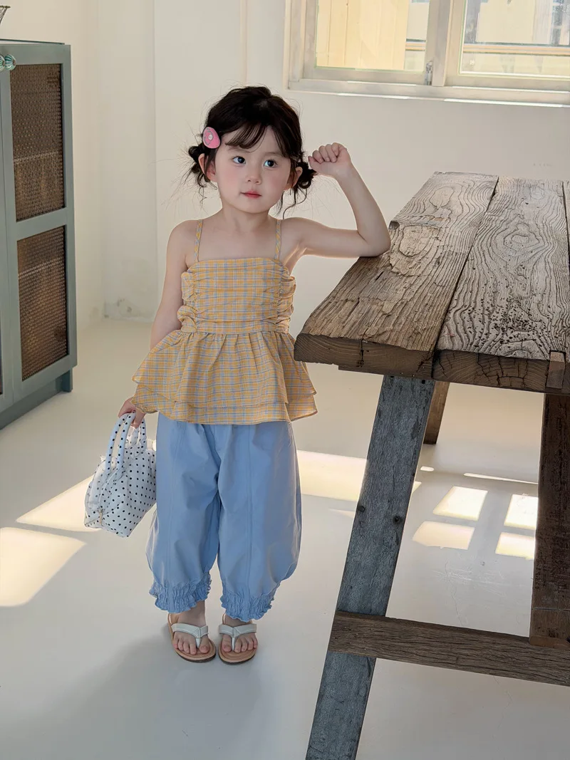 Korean version girls' checkered camisole 2026 summer new style children's western-style backless top baby camisole