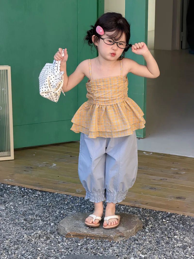 Korean version girls' checkered camisole 2026 summer new style children's western-style backless top baby camisole