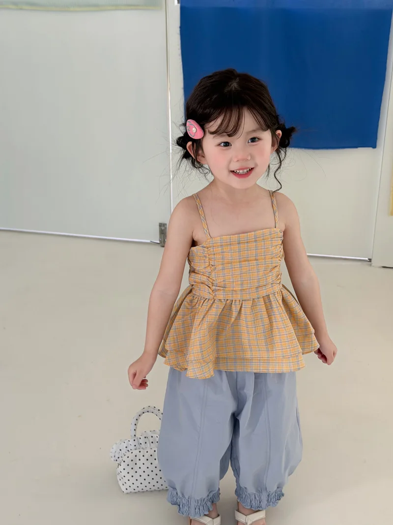 Korean version girls' checkered camisole 2026 summer new style children's western-style backless top baby camisole