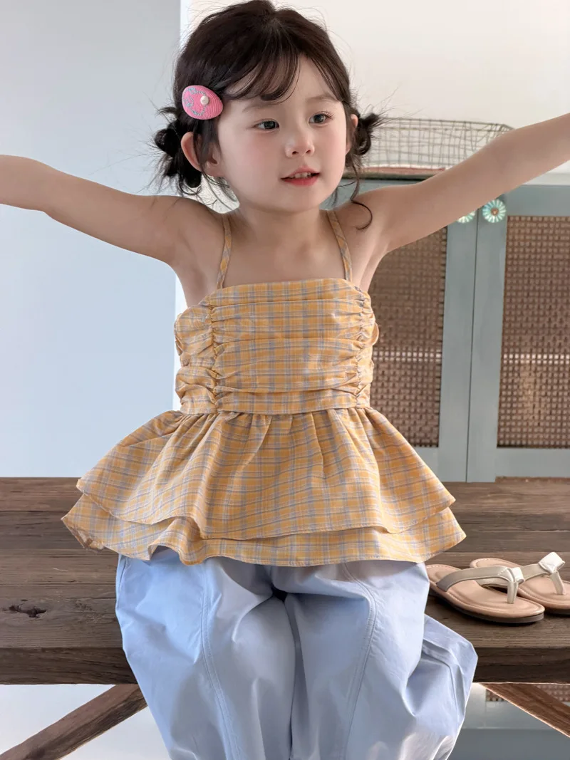 Korean version girls' checkered camisole 2026 summer new style children's western-style backless top baby camisole