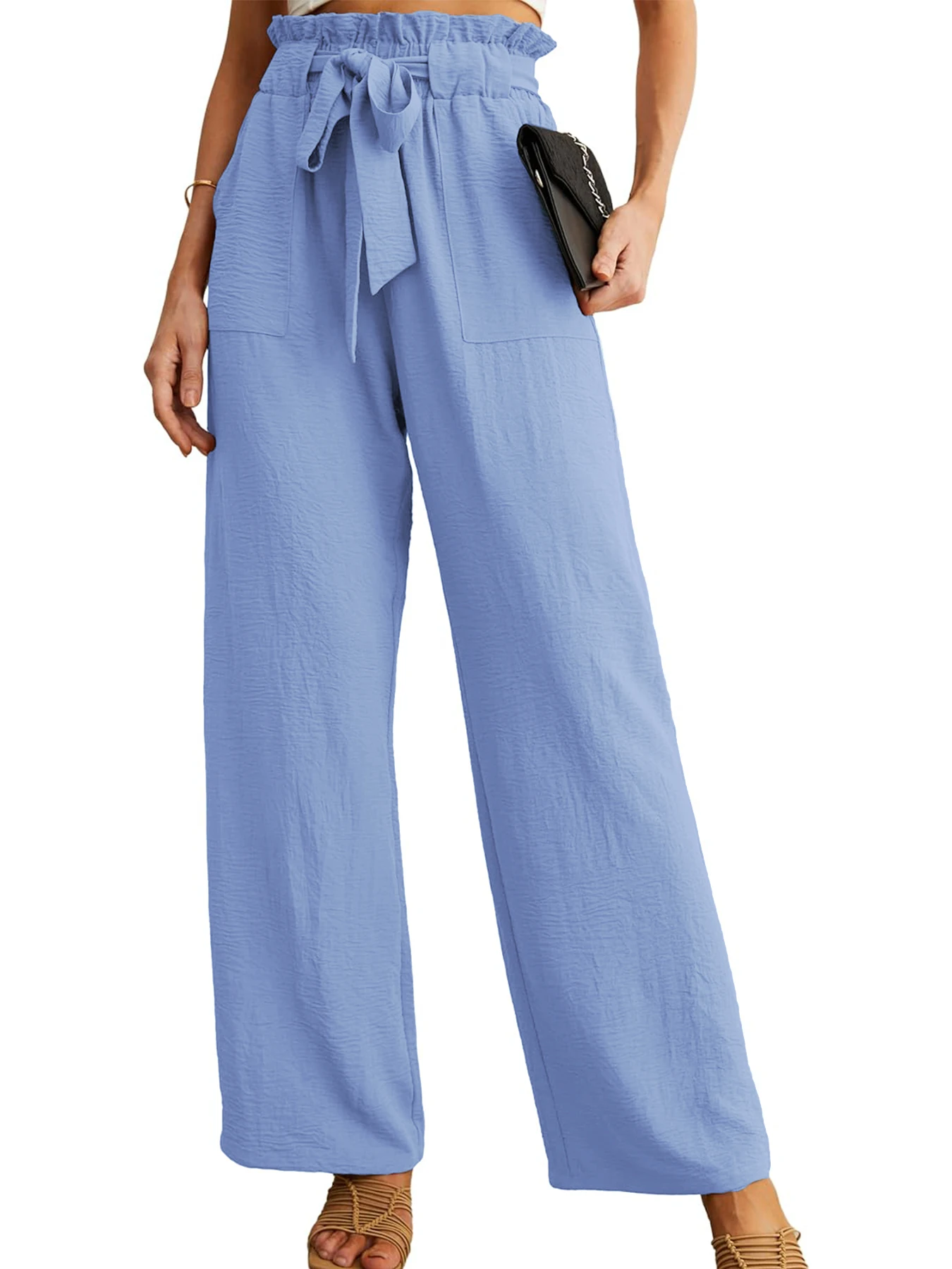 Women's High Waist Wide Leg Casual Pants with Pockets Adjustable Drawstring Loose Slimming Comfortable for Vacation