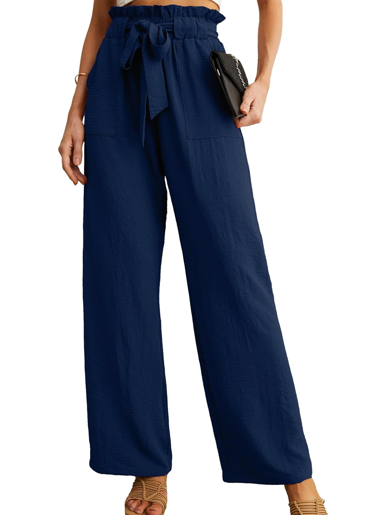 Women's High Waist Wide Leg Casual Pants with Pockets Adjustable Drawstring Loose Slimming Comfortable for Vacation
