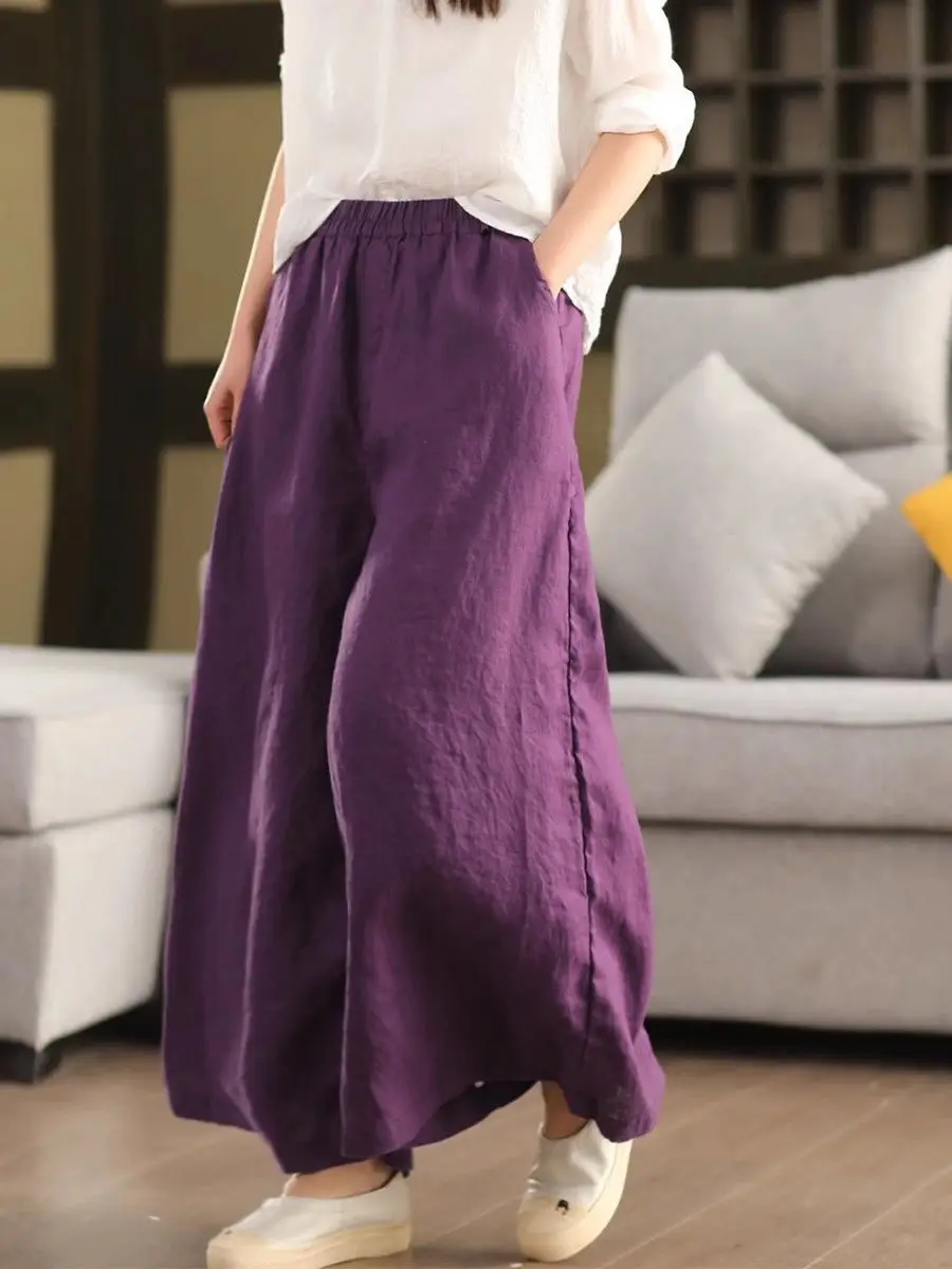 Plus Size Women's Casual Retro Elastic Waist Wide Leg Women's Clothing Cotton Linen Comfortable Office Lady