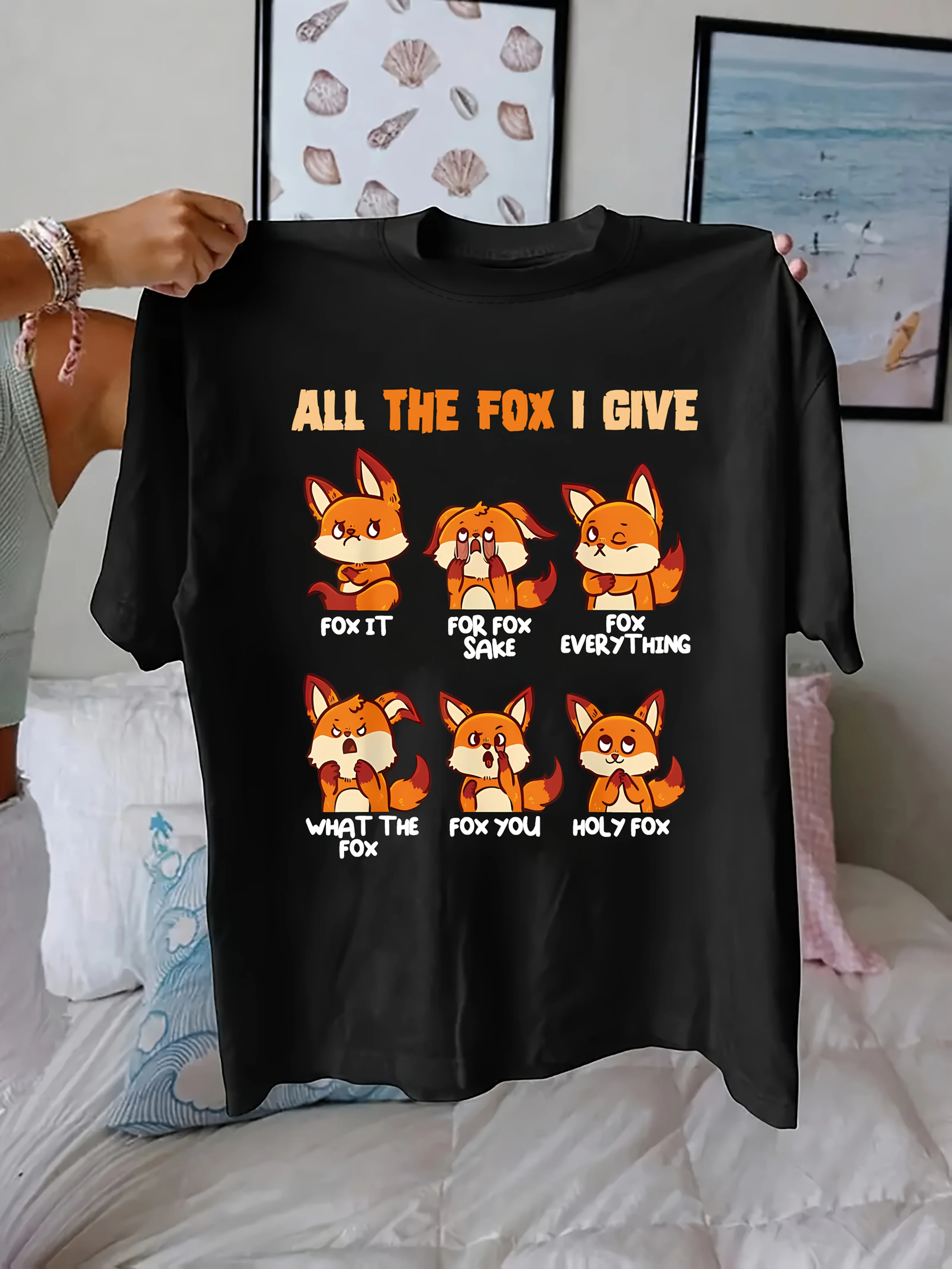 Women's Funny Red Fox Print T-Shirt Casual Crew Neck Short Sleeve Tops Regular Y2k All Seasons Furry Animal Pattern Clothing