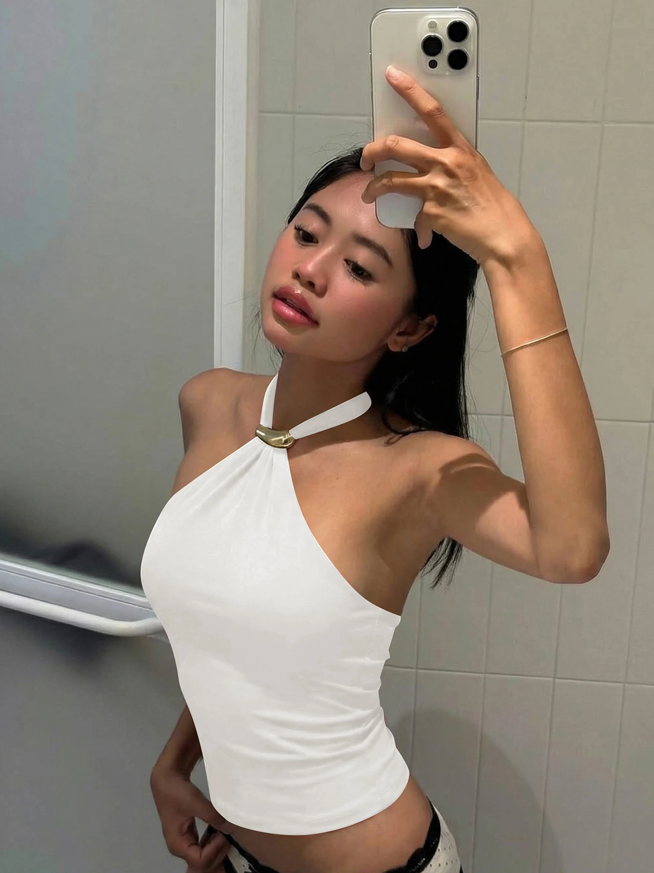 Dulzura Halter Backless Lace Up Slim Fit Metal Button Tank Top Women'S Vintage Casual Versatile Y2K Top Party Club Summer Outfit