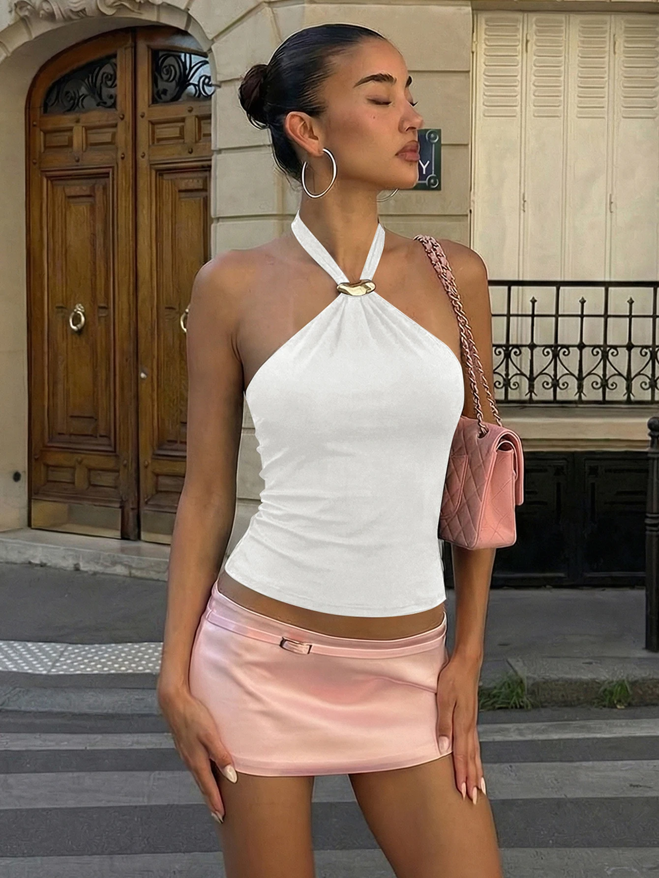Dulzura Halter Backless Lace Up Slim Fit Metal Button Tank Top Women'S Vintage Casual Versatile Y2K Top Party Club Summer Outfit