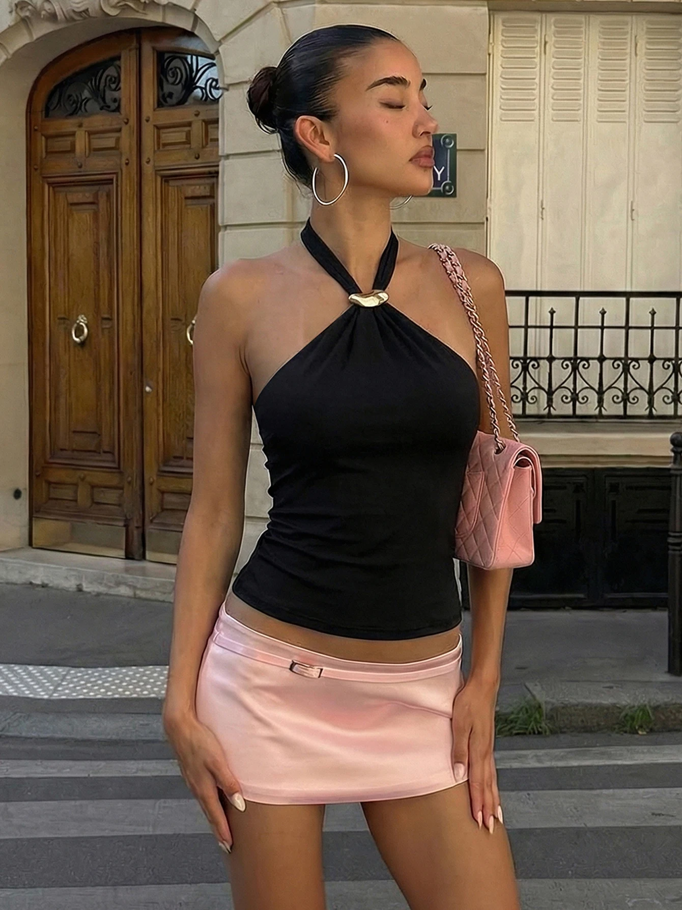 Dulzura Halter Backless Lace Up Slim Fit Metal Button Tank Top Women'S Vintage Casual Versatile Y2K Top Party Club Summer Outfit