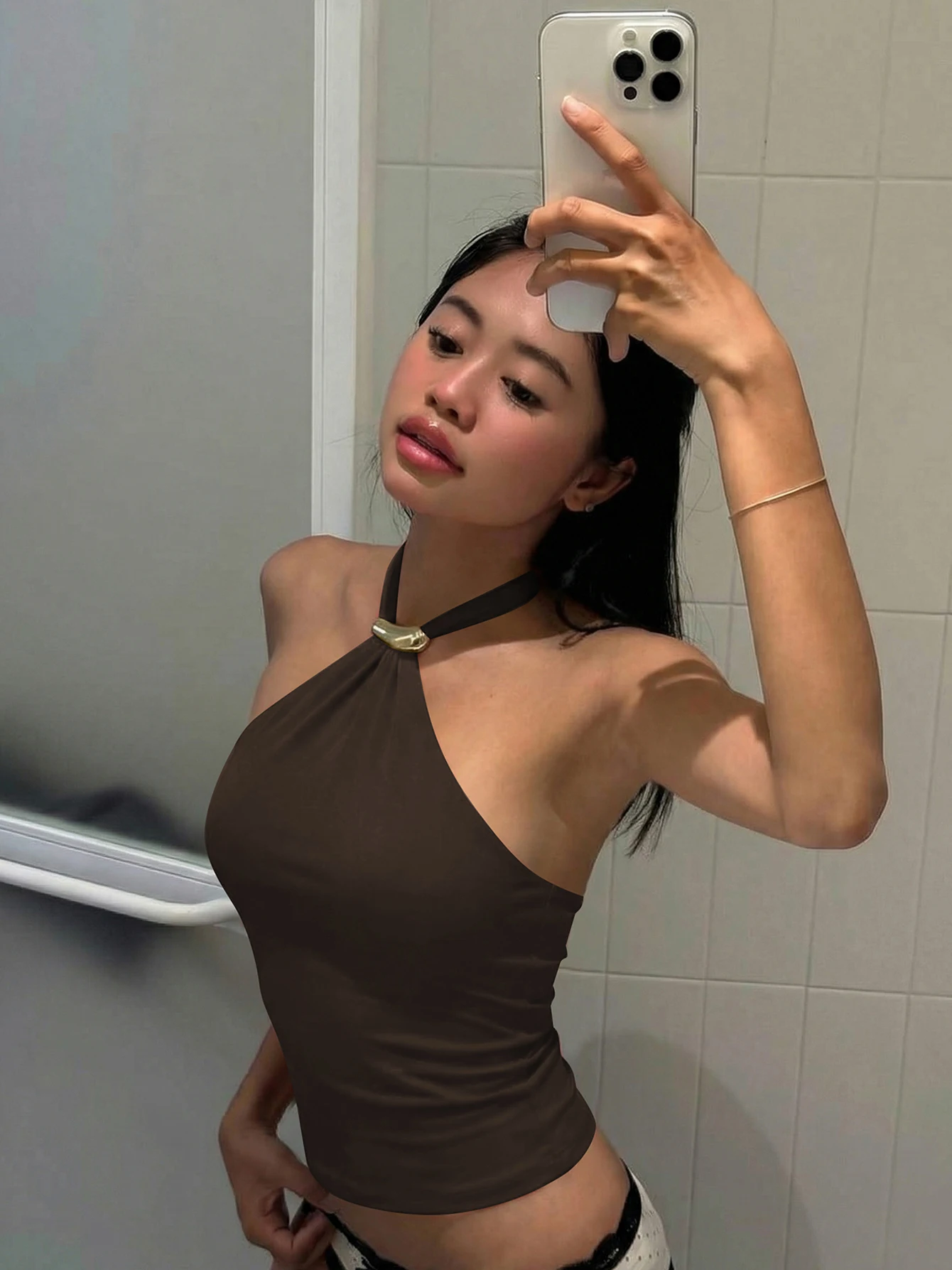 Dulzura Halter Backless Lace Up Slim Fit Metal Button Tank Top Women'S Vintage Casual Versatile Y2K Top Party Club Summer Outfit
