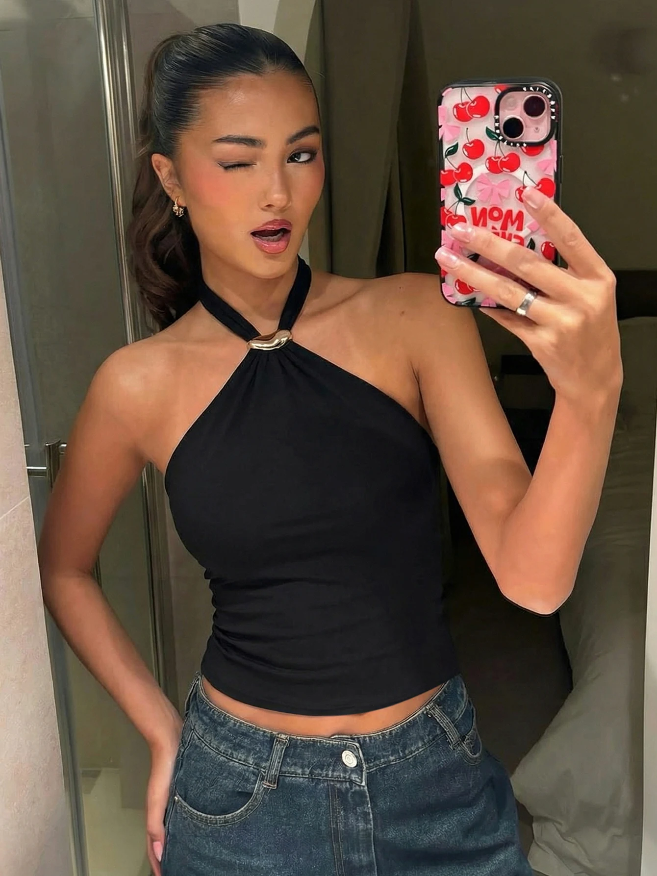 Dulzura Halter Backless Lace Up Slim Fit Metal Button Tank Top Women'S Vintage Casual Versatile Y2K Top Party Club Summer Outfit