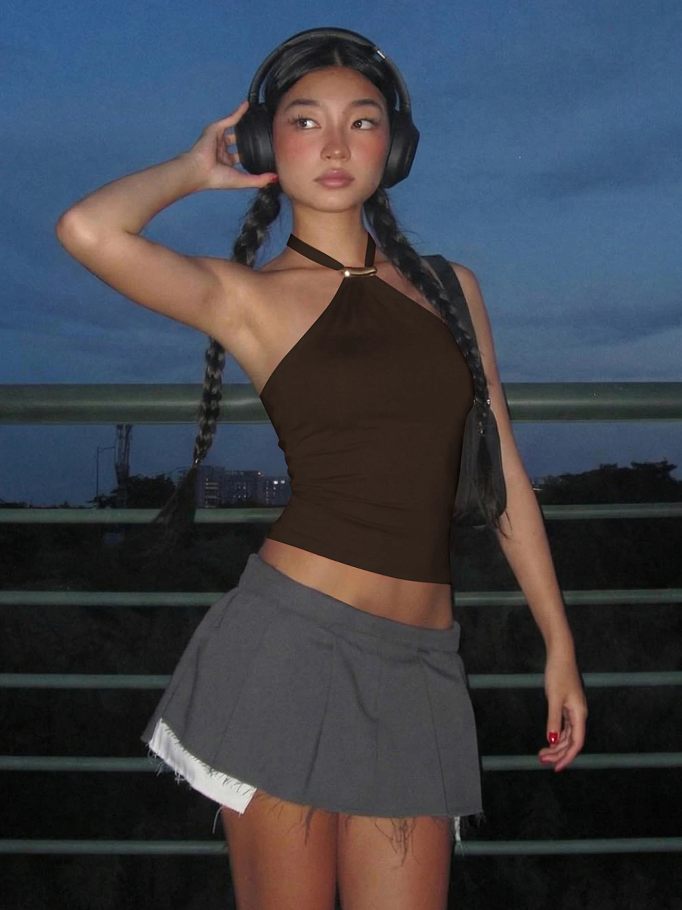 Dulzura Halter Backless Lace Up Slim Fit Metal Button Tank Top Women'S Vintage Casual Versatile Y2K Top Party Club Summer Outfit