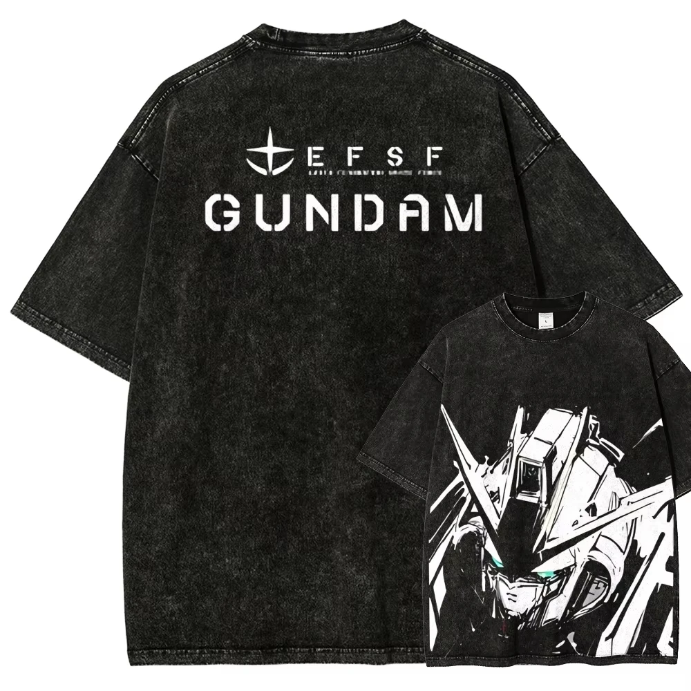 Gundam RX-78-2 T Shirt Men Vintage Acid Wash Mecha Monochrome Streetwear Retro Mobile Suit Japanese EFSF Graphic Tees
