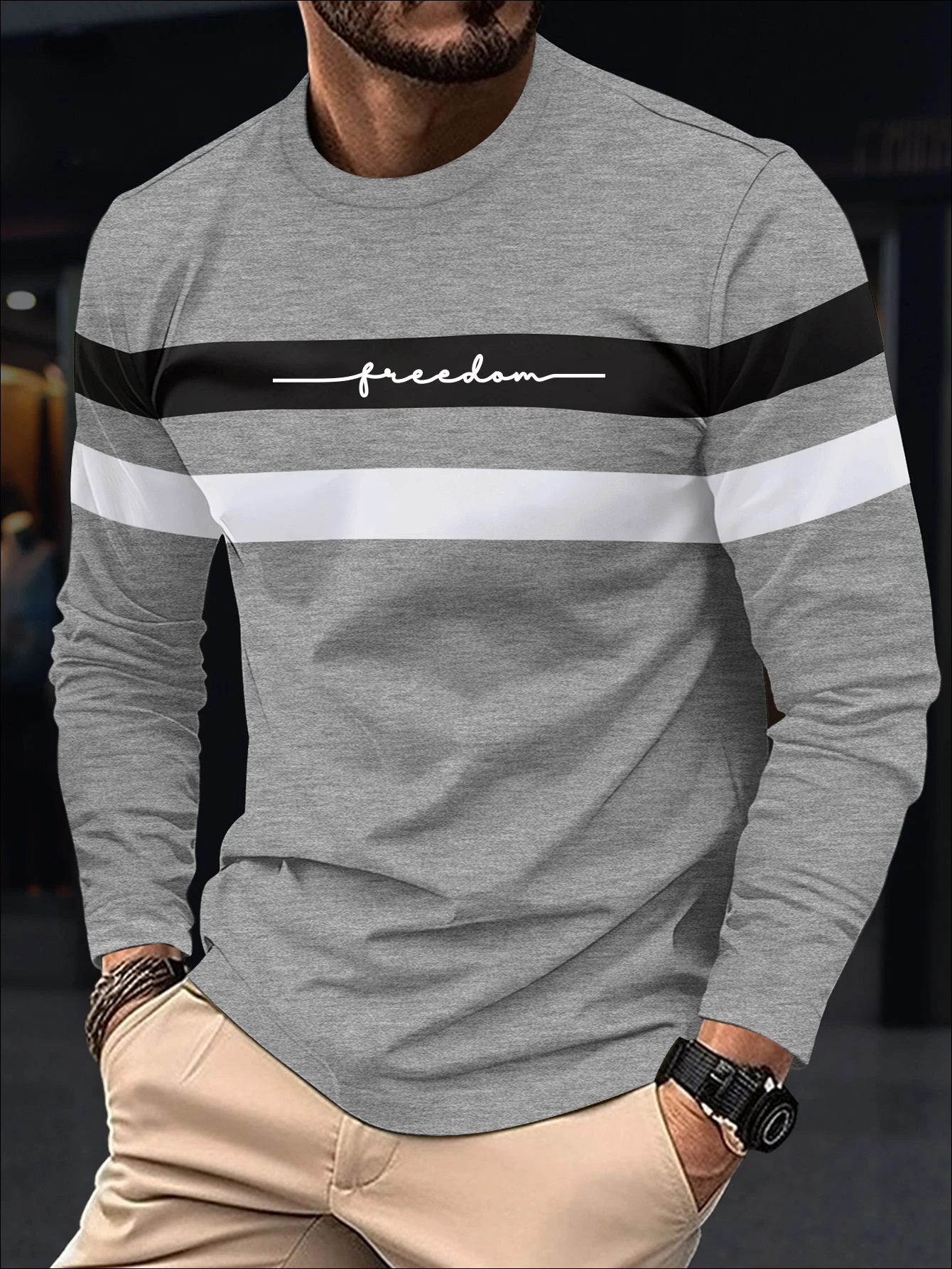 2026 Autumn Men's T-Shirt Clothing Fashion Oversized Crew Neck Long Sleeve T-Shirt Top Simple Casual Stripe T-Shirts For Men