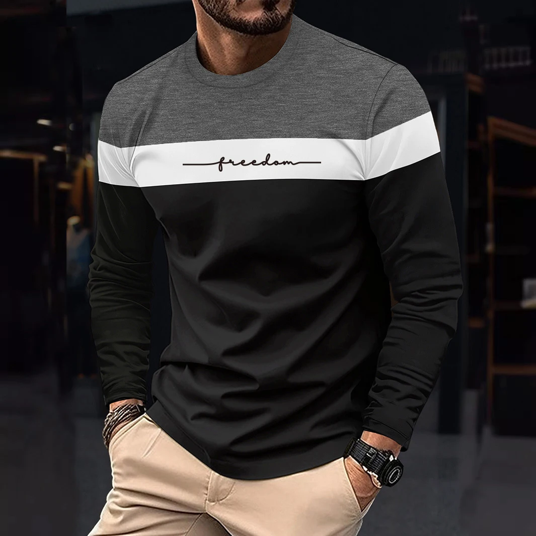 2026 Autumn Men's T-Shirt Clothing Fashion Oversized Crew Neck Long Sleeve T-Shirt Top Simple Casual Stripe T-Shirts For Men