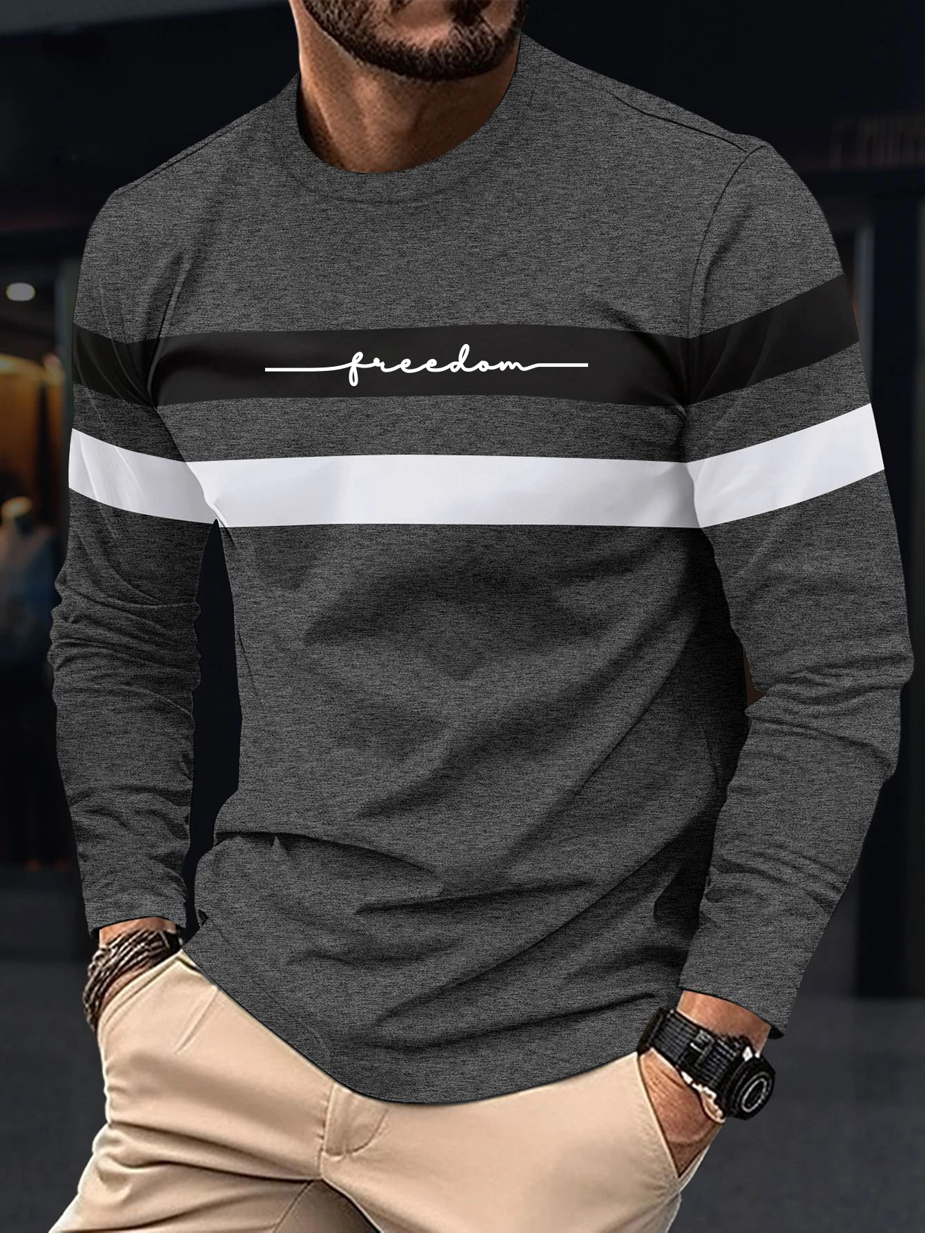 2026 Autumn Men's T-Shirt Clothing Fashion Oversized Crew Neck Long Sleeve T-Shirt Top Simple Casual Stripe T-Shirts For Men