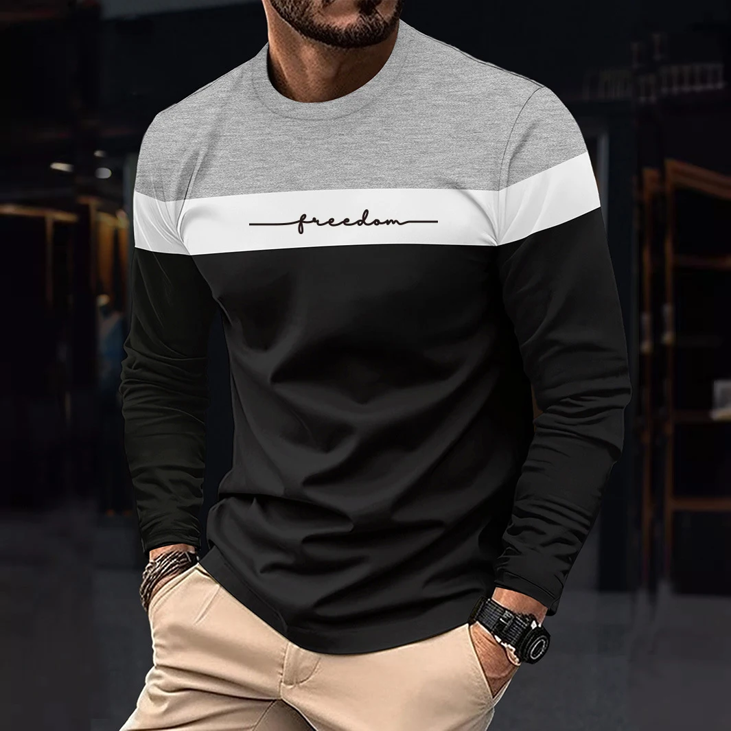 2026 Autumn Men's T-Shirt Clothing Fashion Oversized Crew Neck Long Sleeve T-Shirt Top Simple Casual Stripe T-Shirts For Men