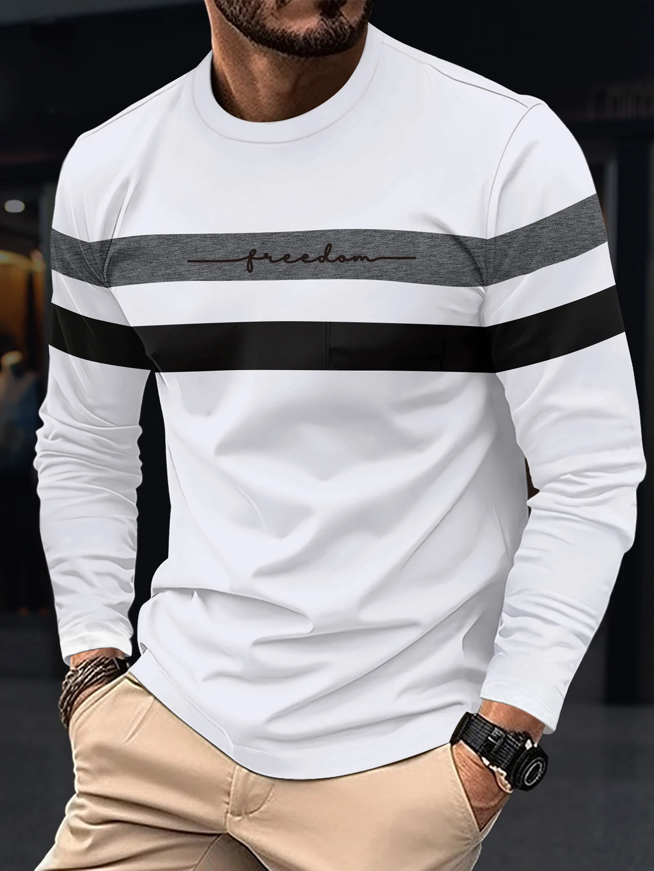 2026 Autumn Men's T-Shirt Clothing Fashion Oversized Crew Neck Long Sleeve T-Shirt Top Simple Casual Stripe T-Shirts For Men