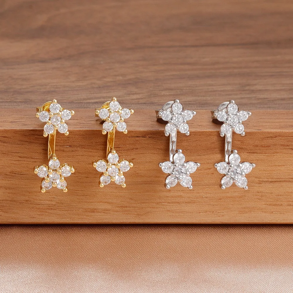 Female Cute Stars Small Flower White Zircon Stud Earrings for Women Vintage Gold Silver Color Wedding Jewelry Mother's Day Gifts