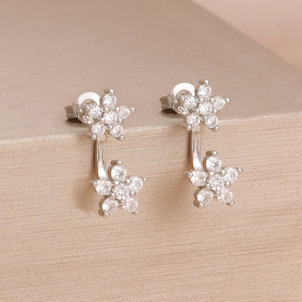 Female Cute Stars Small Flower White Zircon Stud Earrings for Women Vintage Gold Silver Color Wedding Jewelry Mother's Day Gifts