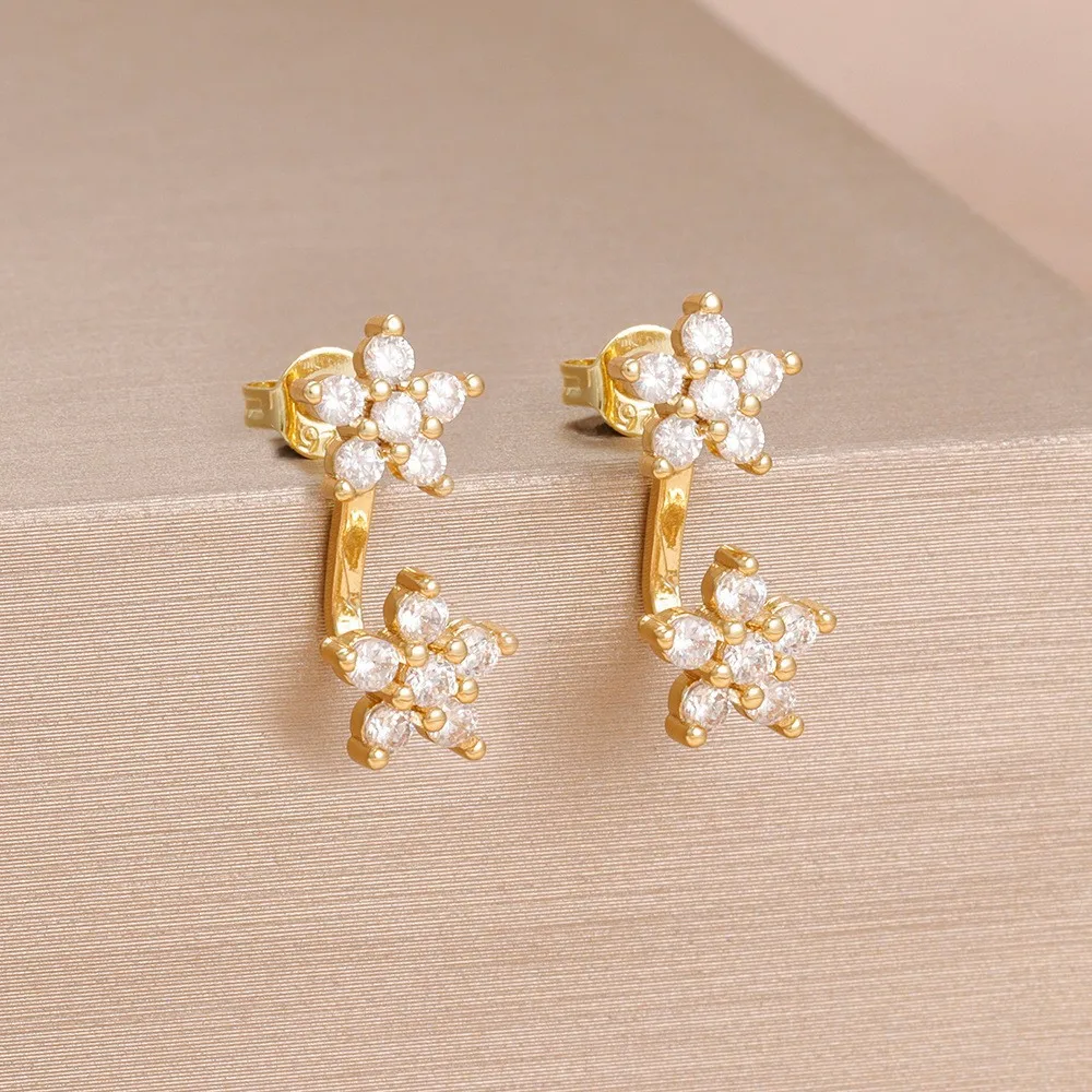 Female Cute Stars Small Flower White Zircon Stud Earrings for Women Vintage Gold Silver Color Wedding Jewelry Mother's Day Gifts